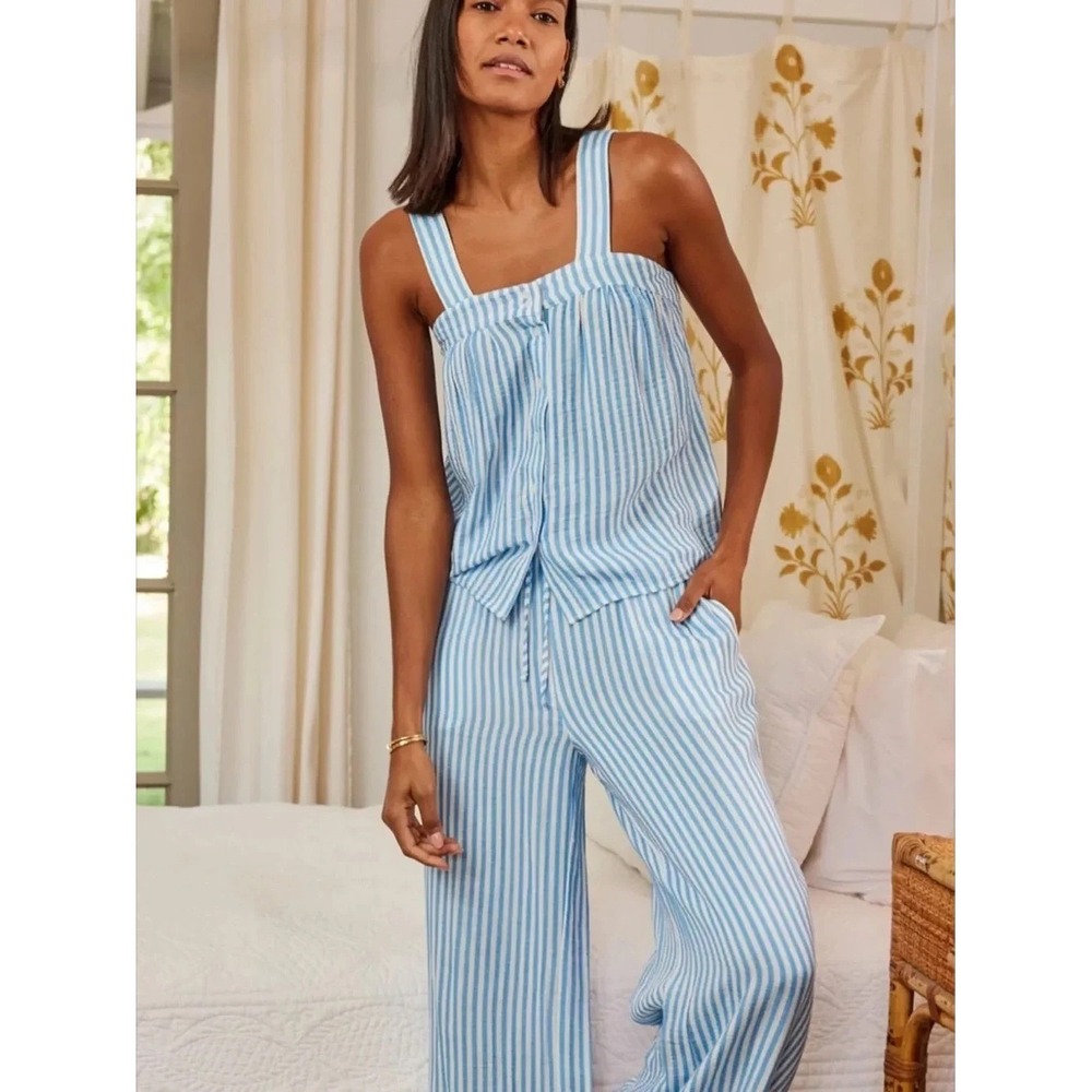 LAKE Pajamas Medium Hamptons 2 pc Pants Set in Sail Blue Awning Stripe Preppy